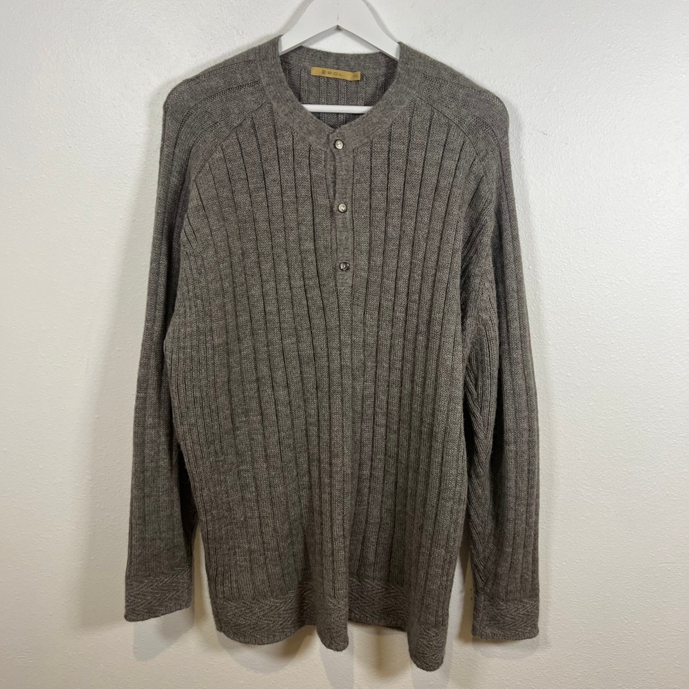 SOL Mens 100% Baby Alpaca Sweater XXL Brown Ribbed Henley Soft Made In Peru